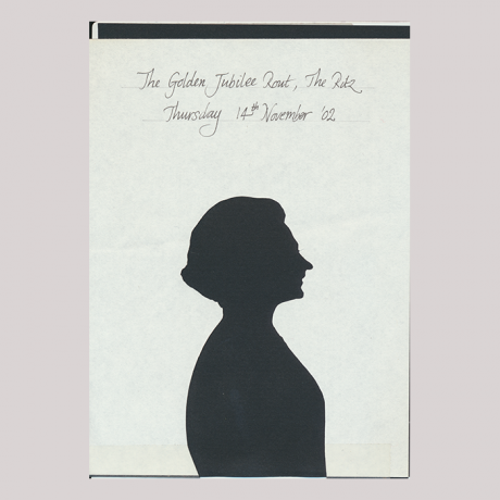 
        Front of silhouette, with woman looking right, at the top one inscription, The Golden Jubilee Rout...